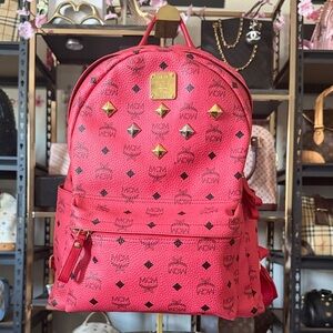 MCM Stark Coral Logo Monogram Backpack with Gold Hardware